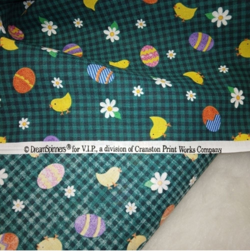 FABRIC 100% cotton Easter eggs chicks and daisies on green & black Gingham 5yds